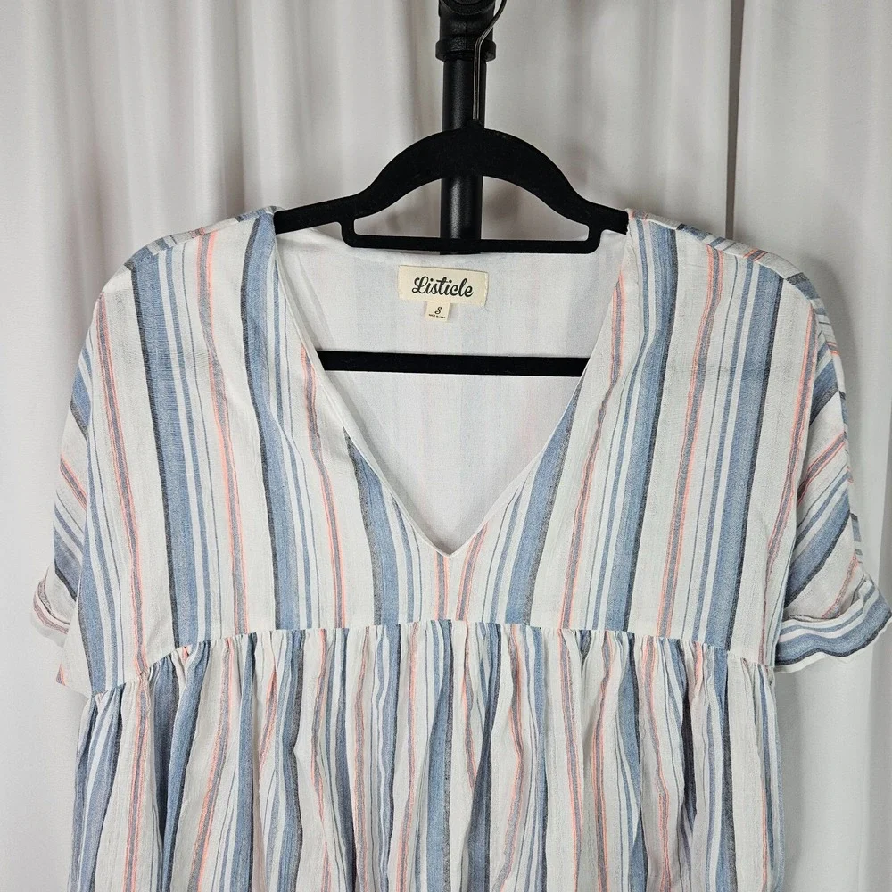 Listicle Striped Babydoll Tunic Mini Dress Women S White Blue Lined Coastal Chic - Picture 2 of 7
